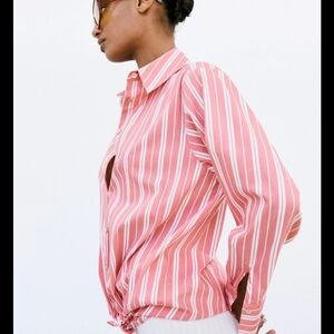 Zara Oversized Red White Stripe Button Up Shirt Size Small Long Sleeve